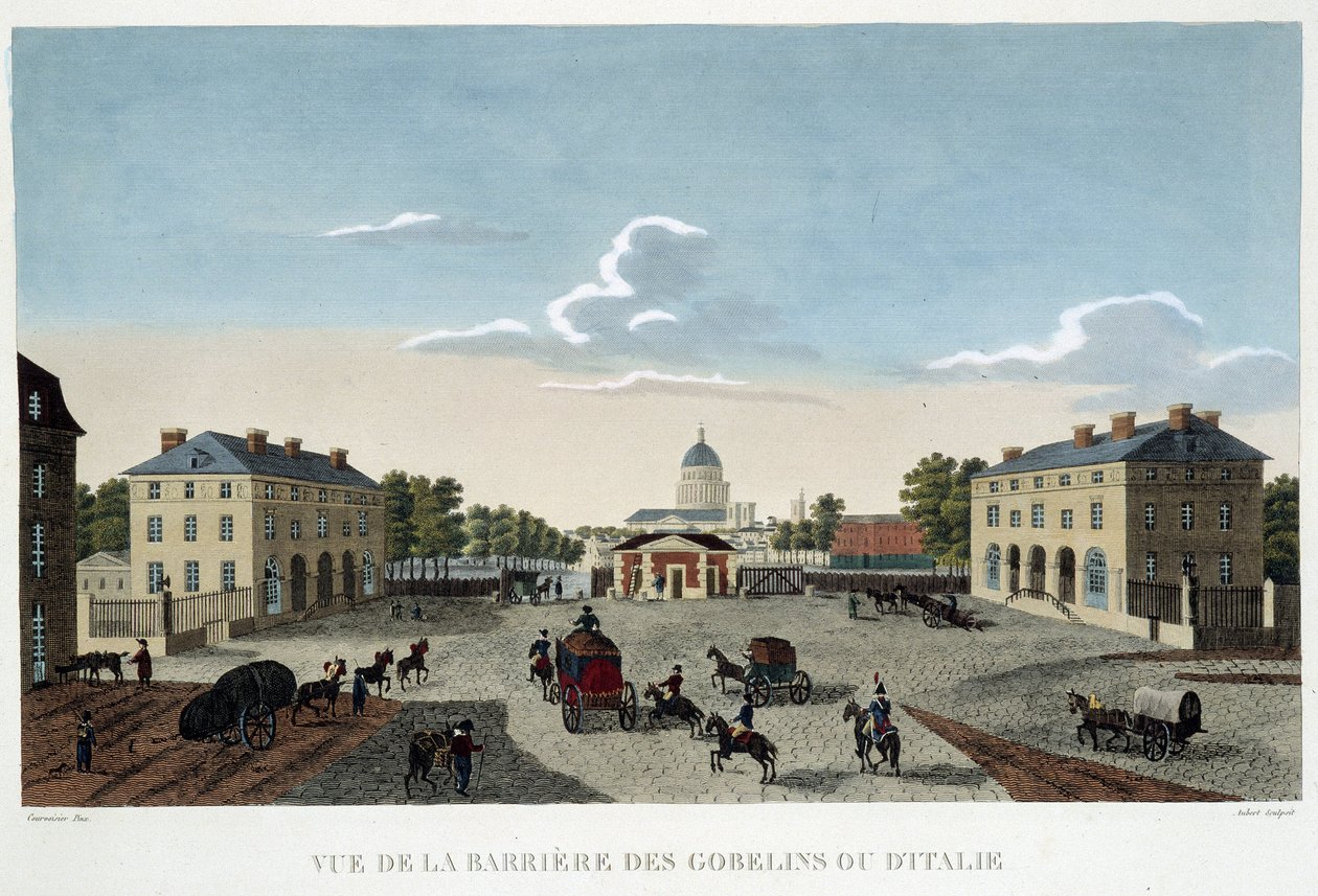 Gobeliny neboli italská bariéra, kolem roku 1820 – v „Výhledech na Paříž““ od Courvoisiera od Henri Courvoisier-Voisin