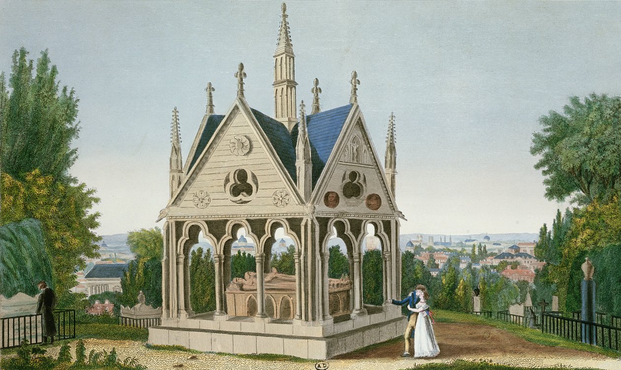 Hrob Heloise a Abelarda na hřbitově Pere Lachaise, 1815-20 (barevná rytina) od Henri Courvoisier Voisin