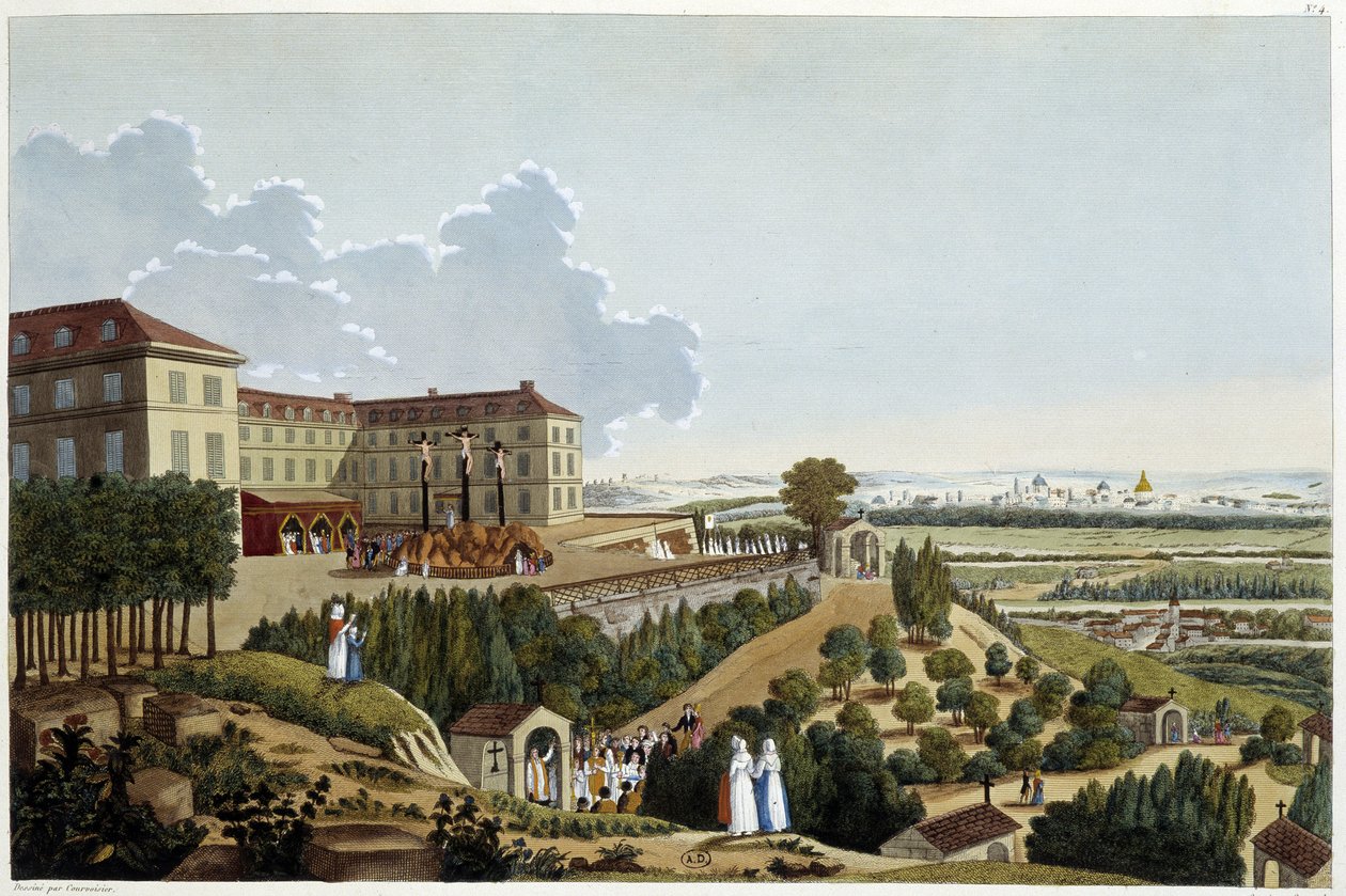 Pohled na Kalvárii, během svátků Ste Croix, v Suresnes - v „“ Vues de Paris“ od Courvoisier od Henri Courvoisier Voisin