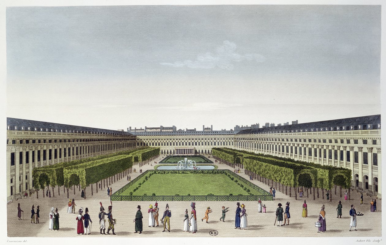 Pohled na zahrady Palais Royal, jak je vidět z Galeries de Bois, vyryl Aubert Fils, c.1815-20 od Henri Courvoisier Voisin
