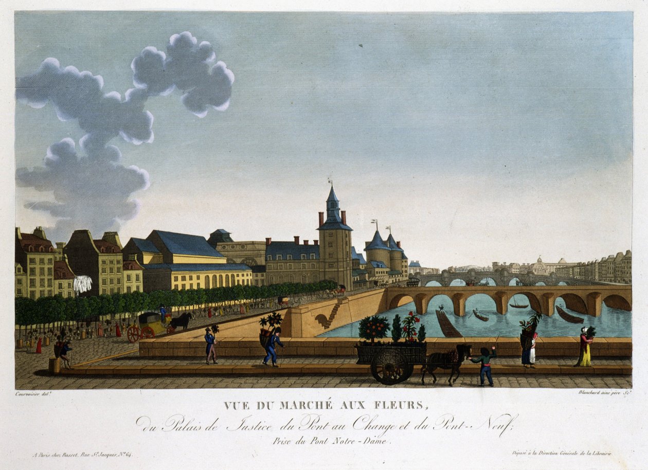 Pohled na květinový trh, výměnný most a nový most - v „“Vues de Paris““ od Courvoisier od Henri Courvoisier Voisin