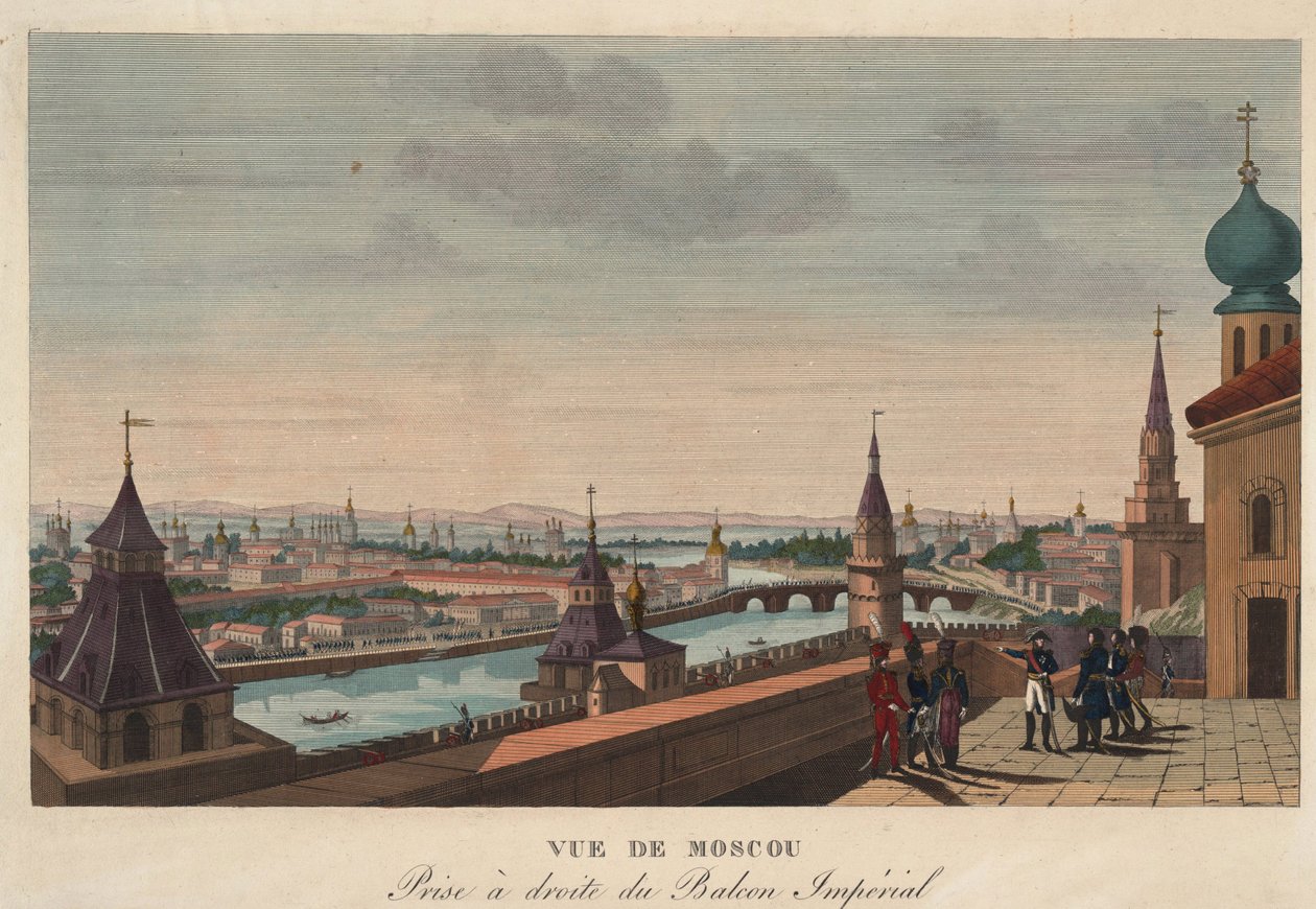 Vue de Moscou depuis le balcon du palais imperial, Russie"" (Pohled na Moskvu z balkonu císařského paláce) Hlubotisk Henri Courvoisier-Voisin (1757-1830) - 1812 Rozměr 40,7x55,6 cm Soukromá sbírka od Henri Courvoisier Voisin