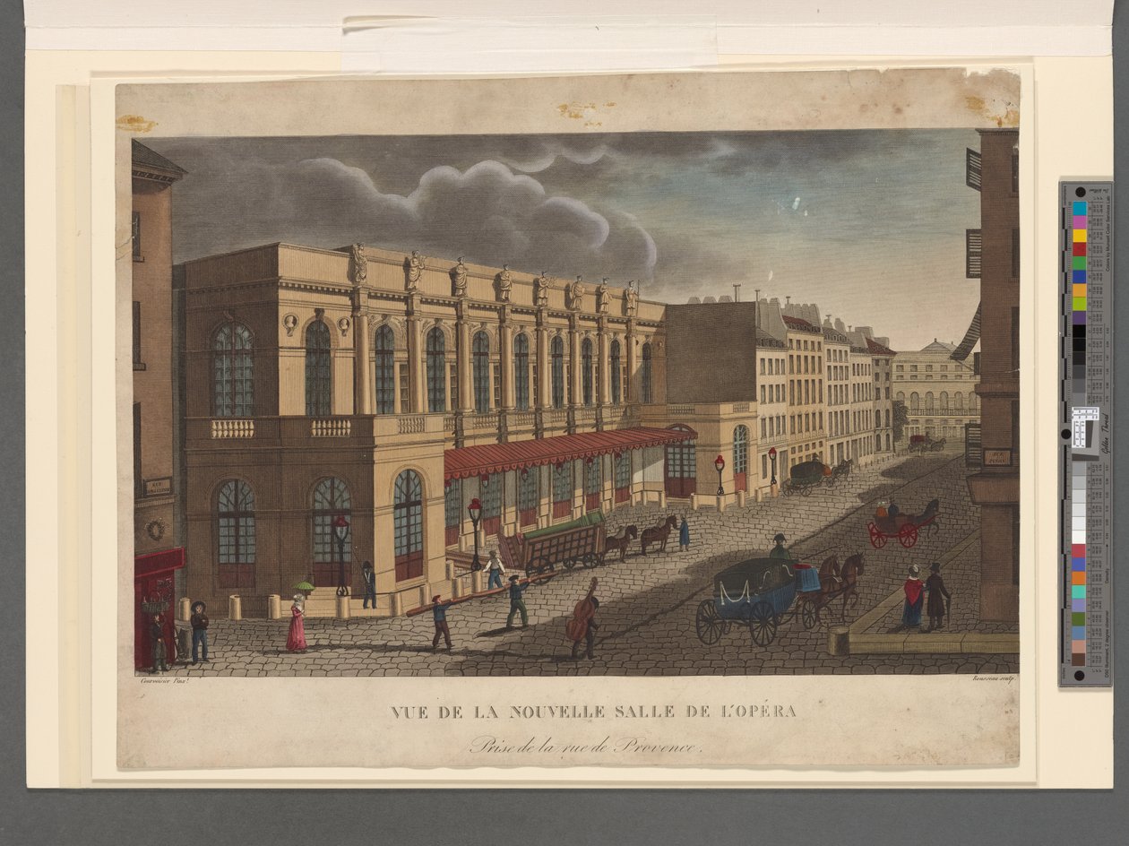 Pohled na nový sál opery z rue de Provence, vyrytý Rousseauem, kolem roku 1821 od Henri Courvoisier Voisin