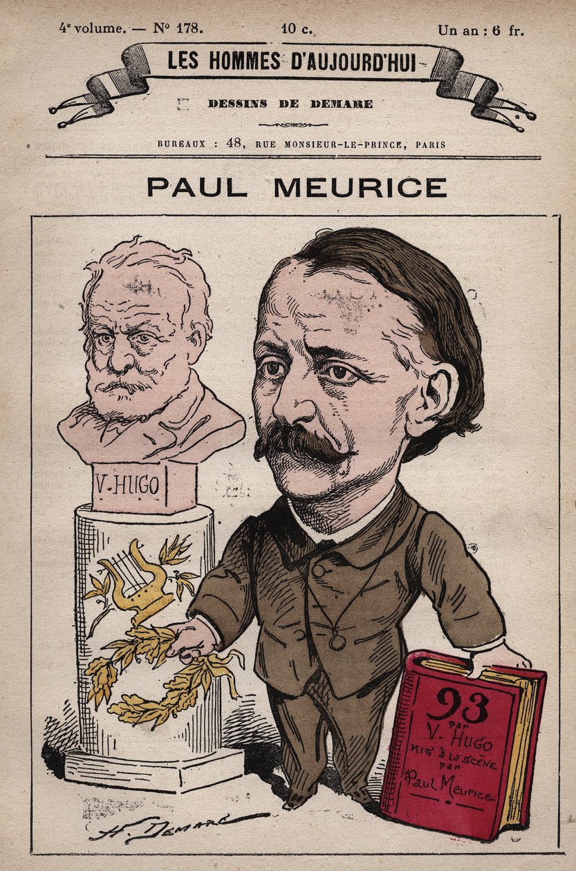 Cartoon of Francois Paul Meurice (1818-1905) anglický dramatik a redaktor Večera, založeného Victorem Hugem, kterému byl literárním vykonavatelem, a editoval jeho díla (1880-1885) - z 