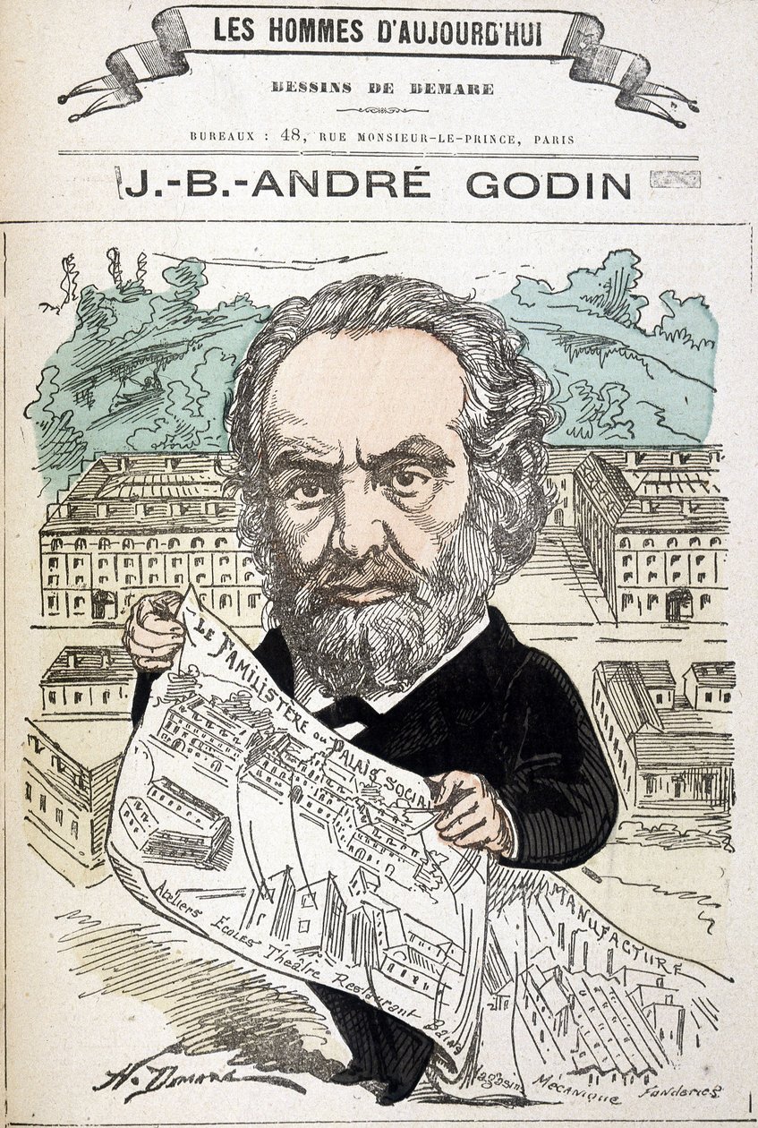 Jean Baptiste André Godin (1817-1888), průmyslník zakladatel rodiny. Kresba Demare v „Muži dneška““. od Henri Demare