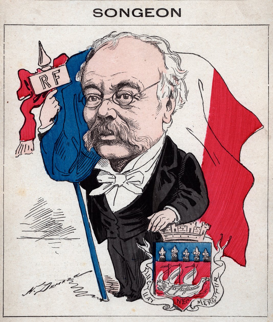 Portrét Jacquese Songeona (1818-1899), bývalého prezidenta městské rady Paříže - karikatura Henriho Demare v „Les Hommes d