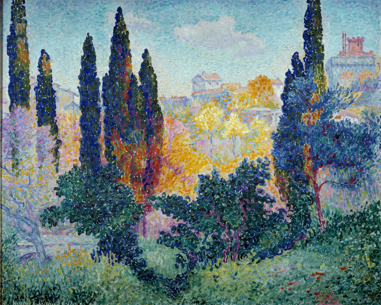 Obraz Cypřiše v Cagnes od Henri Cross Delacroix (Henri Edmond Cross) (1856-1910) 1908 Sun. 0,81x1 m Paříž, Musee d