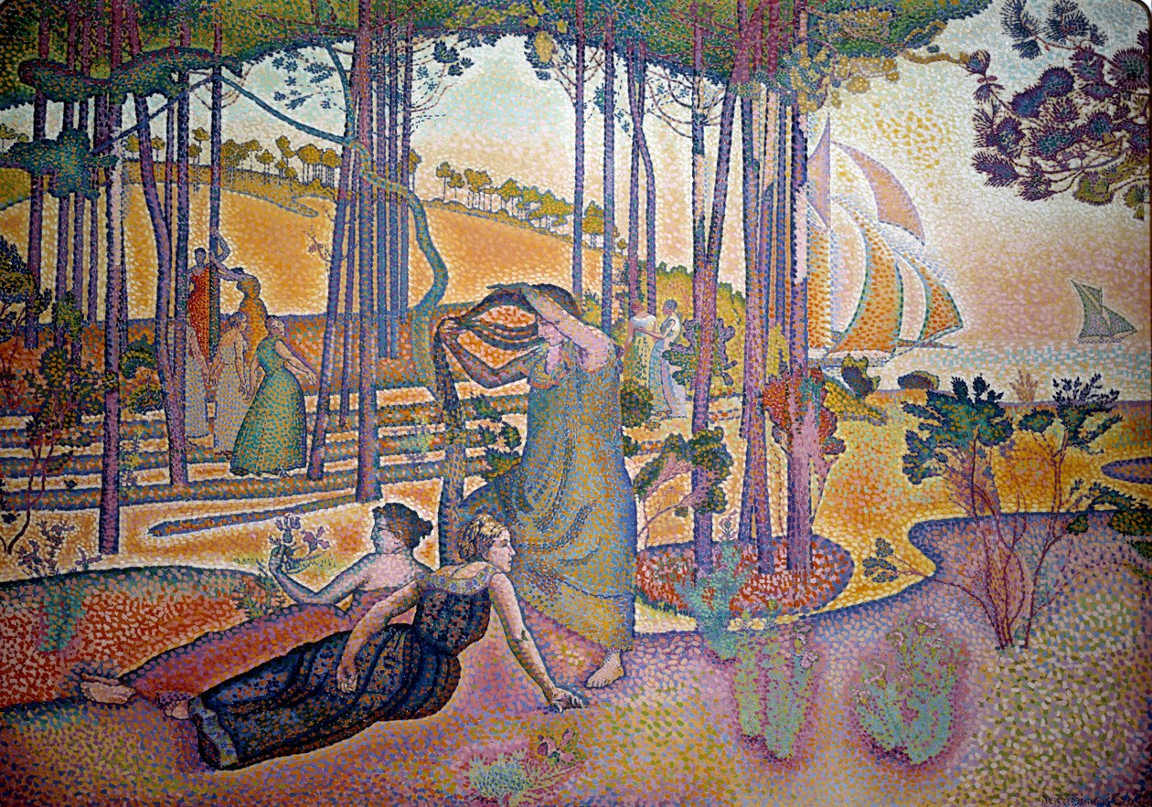 Večerní vzduch. Ženy v trávě u lesa. Obraz Henri Delacroix Dit Cross (Henri Edmond Cross) (1856-1910) od Henri Edmond Cross