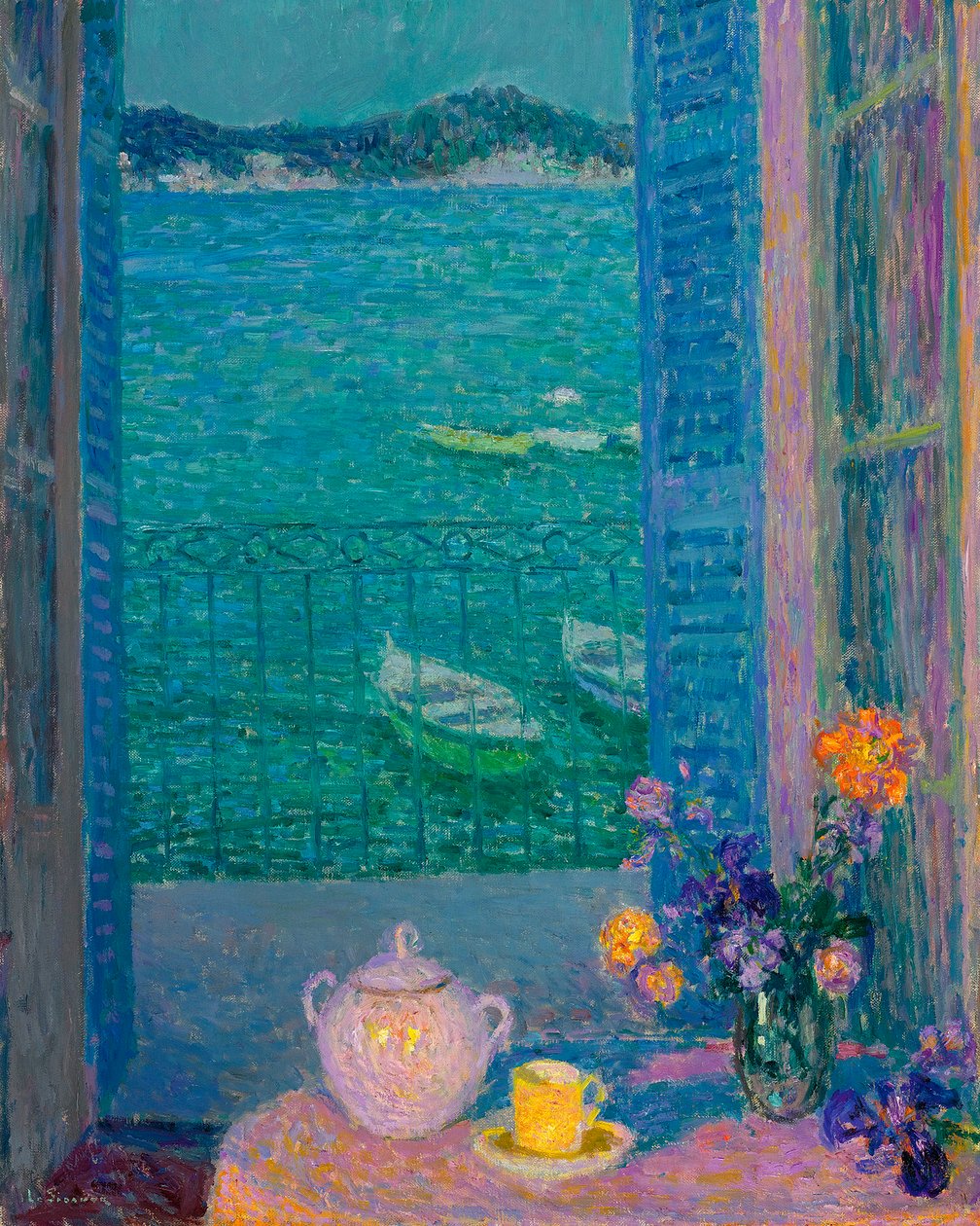 Kytice na okně, Villefranche sur mer - Kytice u okna, Villefranche-sur-Mer - Obraz Henri Le Sidaner (1862-1939) od Henri Eugene Augustin Le Sidaner
