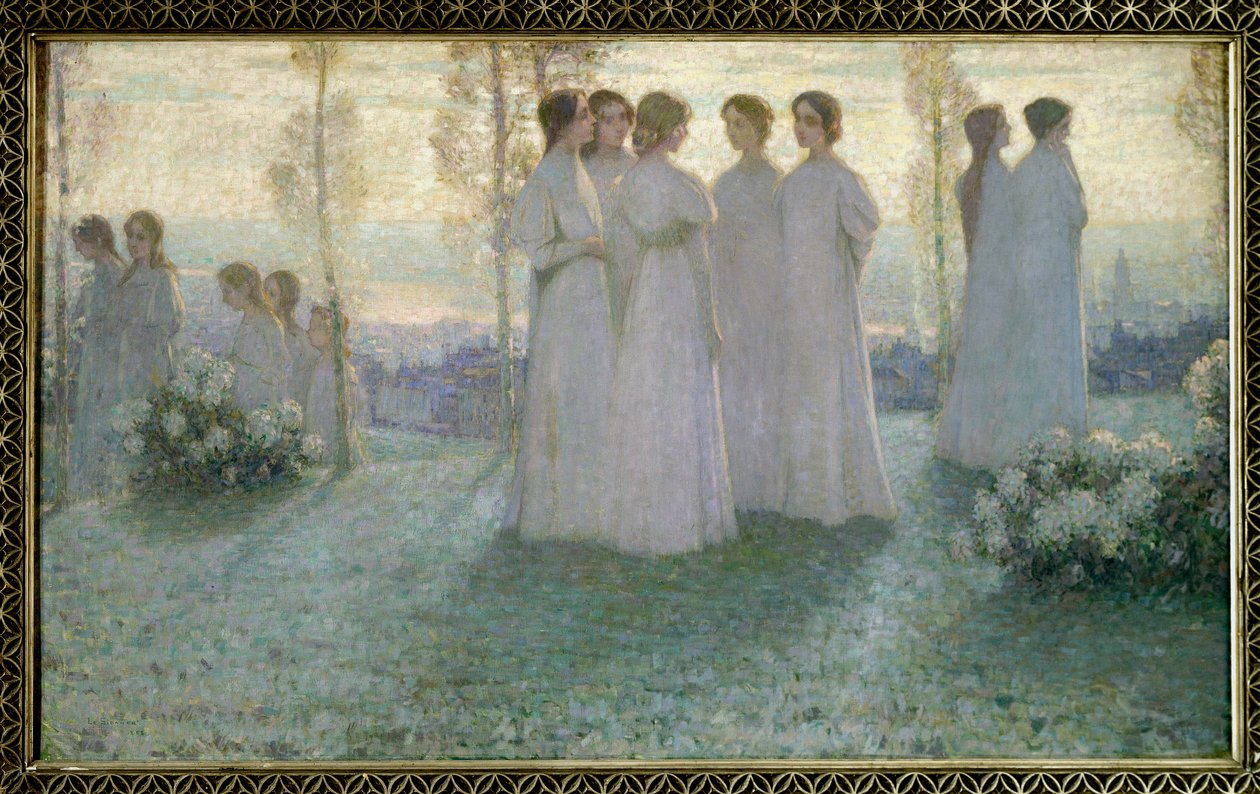 V neděli, Žena oblečená v bílém mluví v zahradě - Obraz Henri Eugene (Henri-Eugene) Le Sidaner (1862-1939) od Henri Eugene Augustin Le Sidaner