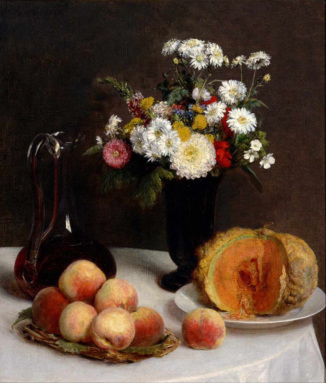 Zátiší s květinami, ovocem a nádobami na víno. od Henri Fantin Latour