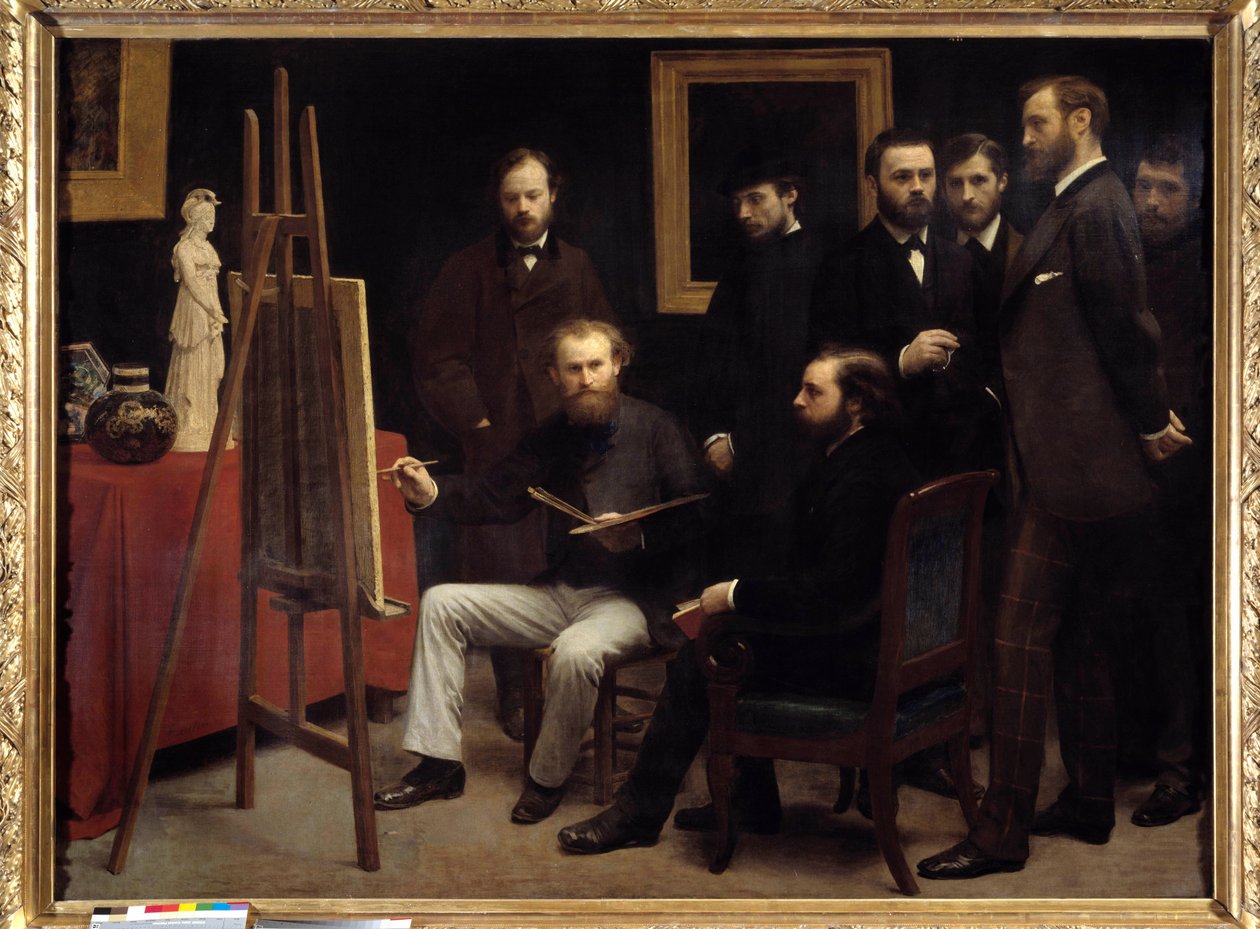 Workshop v Batignolles. Mezi přítomnými postavami: Otto Scholderer, Edouard Manet (1832-1883) sedící uprostřed, Pierre Auguste Renoir (1841-1919), Zacharie Astru (1835-1907), Emile Zola (1840-1902), Edmond Maitre (1840- 1888), Frederic Bazill od Ignace Henri Jean Fantin Latour