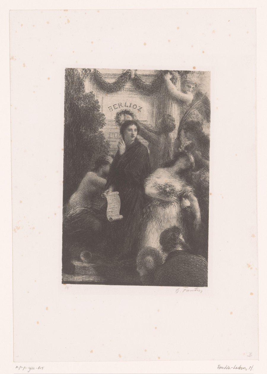 Alegorické postavy u Berliozovy hrobky Zbožnění Život a dílo Hectora Berlioze (název série) od Ignace Henri Jean Fantin Latour