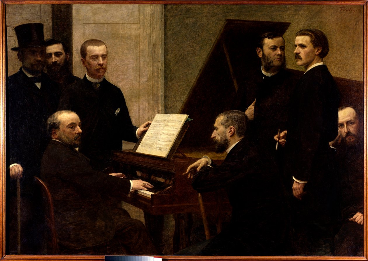 Kolem klavíru Sedící zleva doprava Emmanuel Chabrier, Edmond Maitre a Amedee Pigeon. Standing, Adolphe Julien, Arthur Boisseau, Camille Benoit, Antoine Lascoux a Vincent d