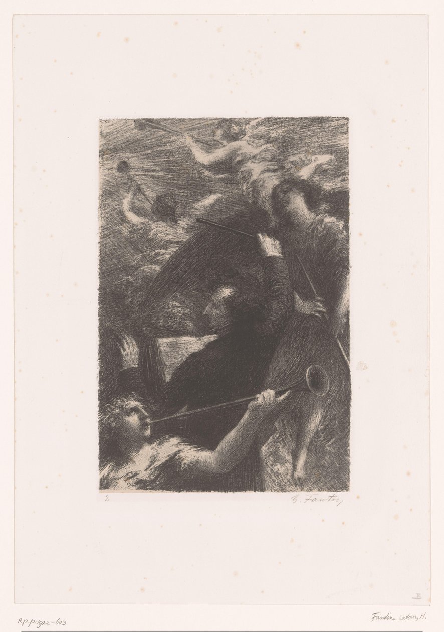 Berlioz diriguje mezi čtyřmi anděly troubícími na trubky Tuba mirum spargens sonum Život a dílo Hectora Berlioze (název série) od Ignace Henri Jean Fantin Latour