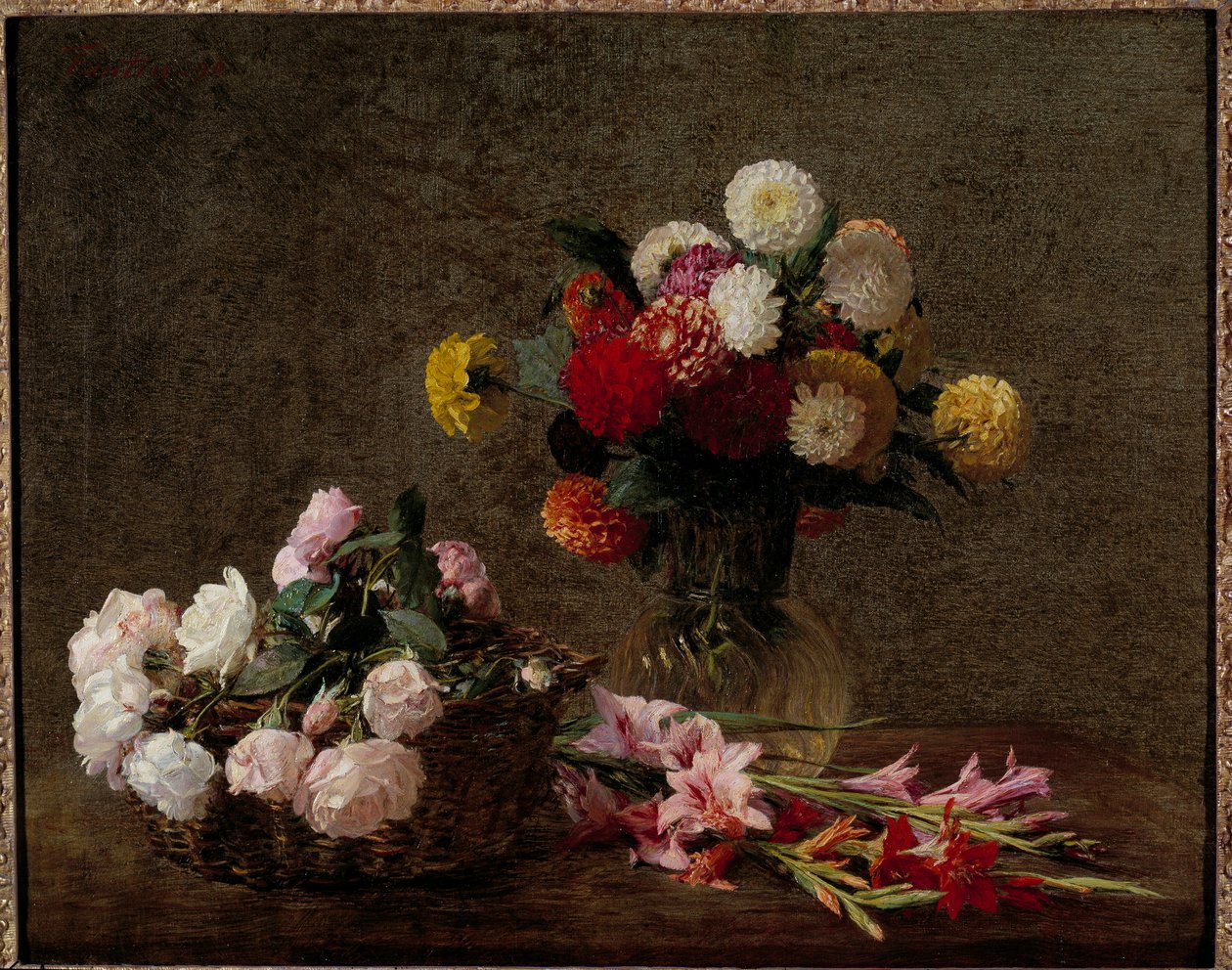 Jiřiny a růže v košíku Obraz Henri Fantin Latour (Fantin-Latour od Ignace Henri Jean Fantin Latour