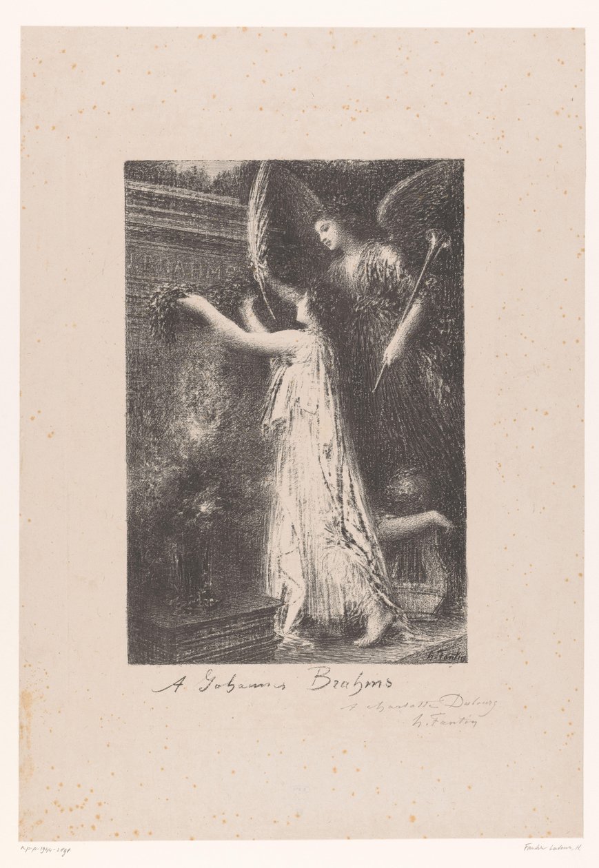Anděl a zosobnění slávy přináší čestný věnec u hrobu Johannese Brahmse Á Johannes Brahms (titul na předmětu) od Ignace Henri Jean Fantin Latour