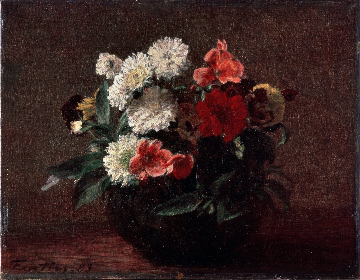 Květiny ve váze fajáns. Obraz Henri Fantin-Latour (Fantin Latour od Ignace Henri Jean Fantin Latour