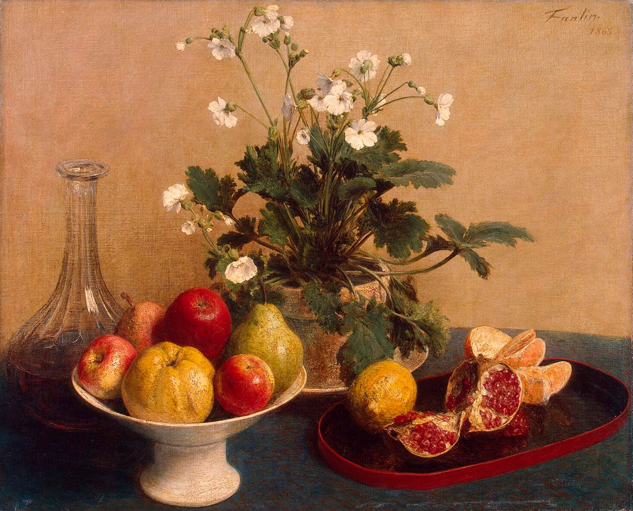 Květiny, miska s ovocem a karafa“, 1865. od Ignace Henri Jean Fantin Latour