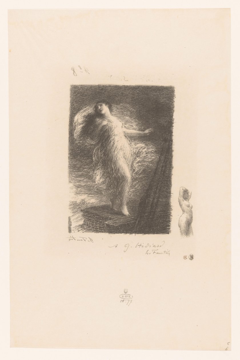 Jonge vrouw uit Taranto valt van de boeg van een schip Mladá Tarentina Elegie XX (ve starém stylu) Gedichten van André Chénier (název série) Ilustrace k Básním André Chéniera (název série) od Ignace Henri Jean Fantin Latour