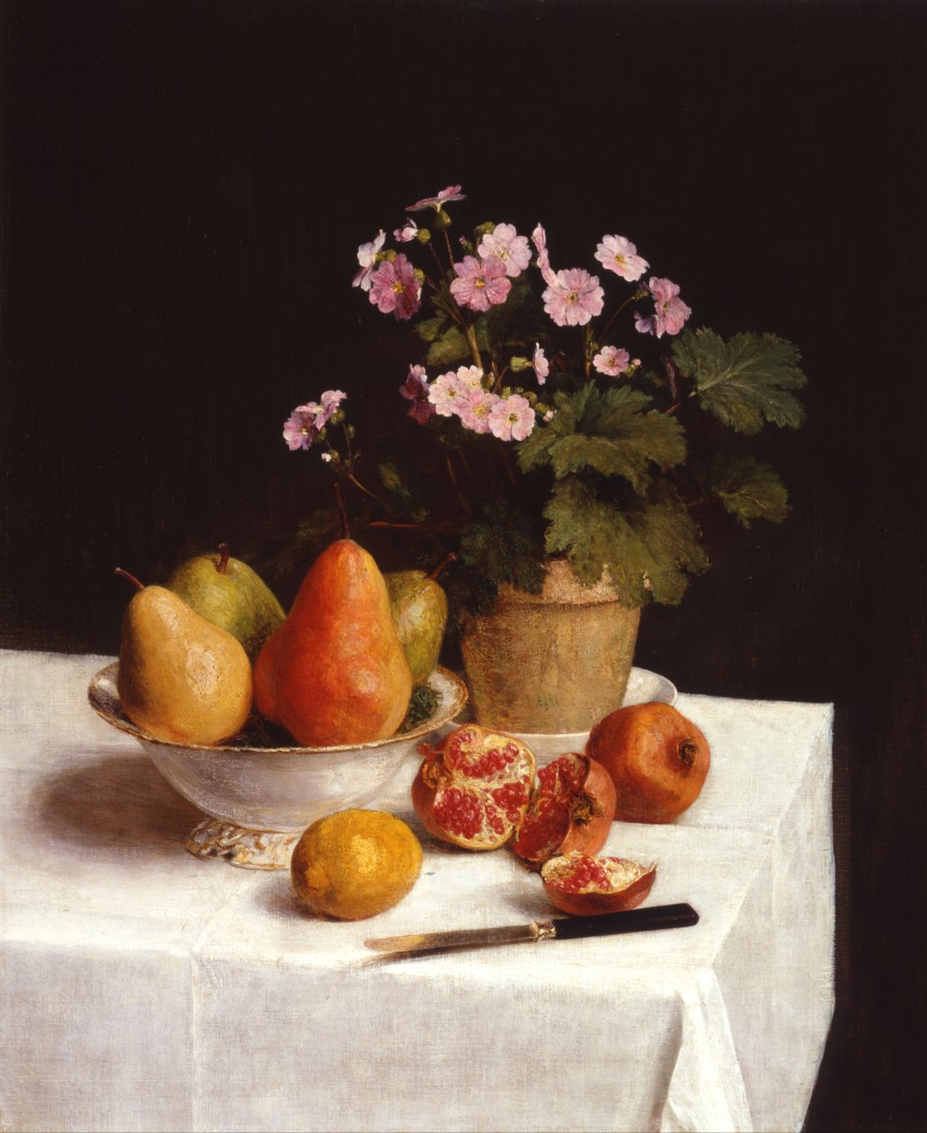 Nature morte (primulky, hrušky a granátová jablka) Zátiší (primulky, hrušky a granátová jablka) od Henri Fantin Latour