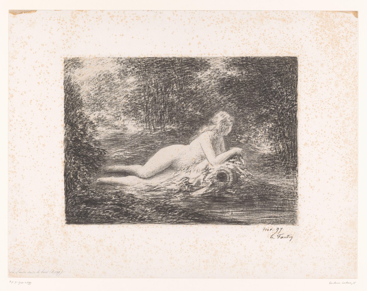 Nymfa s vodním džbánem u lesního potoka La source dans les bois (název na objektu) od Ignace Henri Jean Fantin Latour