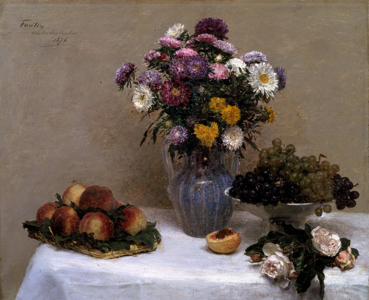 Bílé růže a chryzantémy ve váze od Ignace Henri Jean Fantin Latour