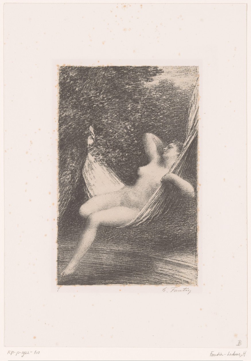 Sara se nahá houpe v houpací síti nad vodou Sara la Baigneuse Život a dílo Hectora Berlioze (název série) od Ignace Henri Jean Fantin Latour