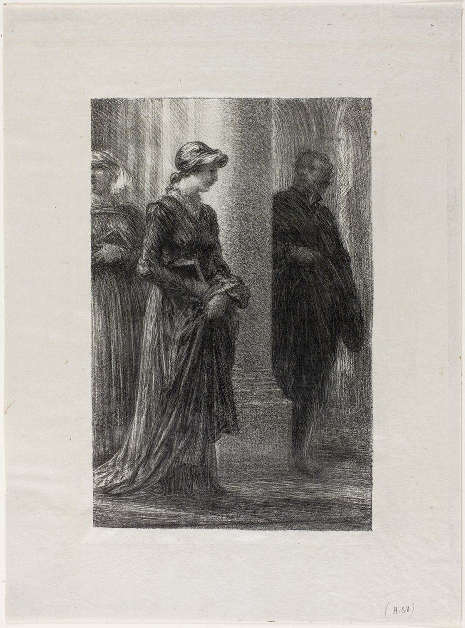 Mistři pěvci z Norimberku, dějství I: Setkání Walther a Eva od Ignace Henri Jean Fantin Latour