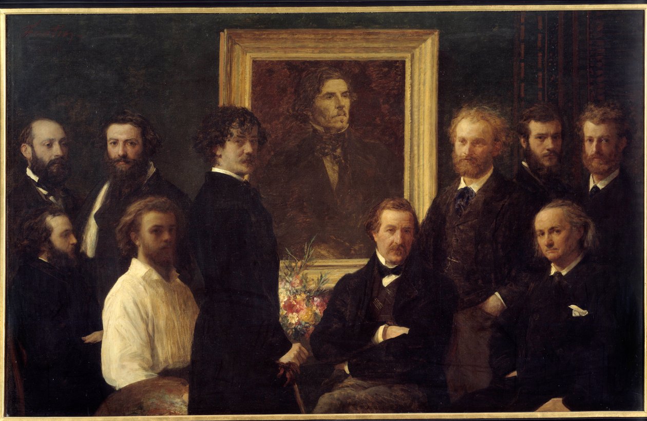 Pocta Eugenu Delacroixovi. Zastoupenými postavami jsou Louis Edmond Duranty (muž), James Abbott Mac Neill Whistler (malíř), Champfleury, Jules Husson (muž), Edouard Manet, Charles Baudelaire, Louis Cordier, Alphonse Legros (pai od Ignace Henri Jean Fantin Latour