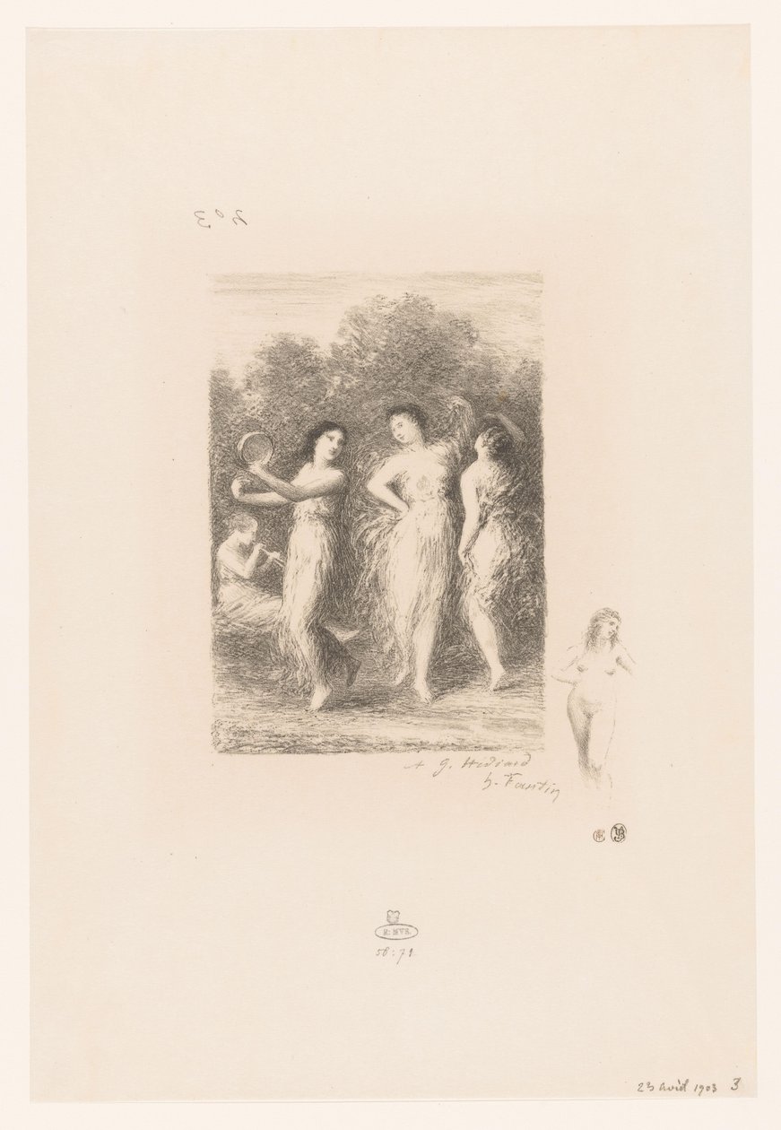 Čtyři mladé ženy tančí a tvoří hudbu Le jeune malade Básně André Chénier (název série) Ilustrace pour les Poésies d