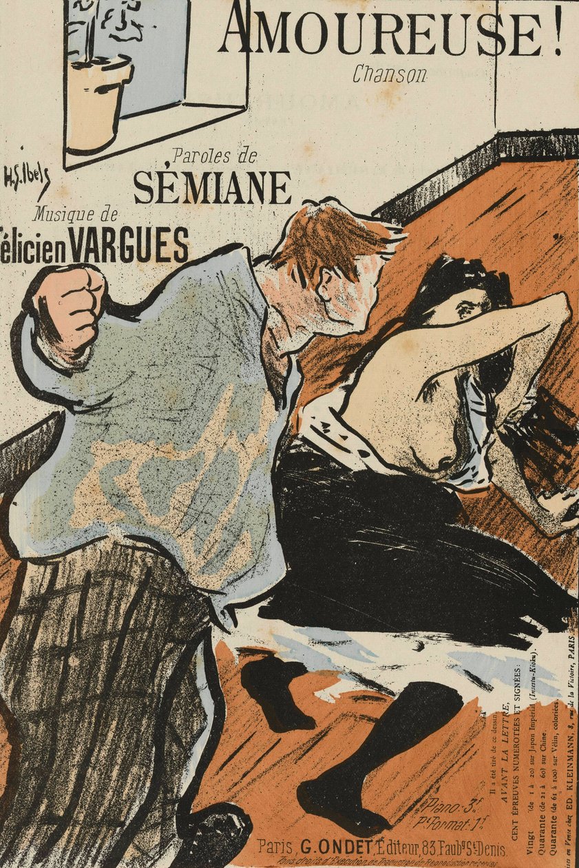 Obálka partitury Amoureuse! Felicien Vargues, Ibels, Henri Gabriel (1867-1936). Barevná litografie od Henri Gabriel Ibels