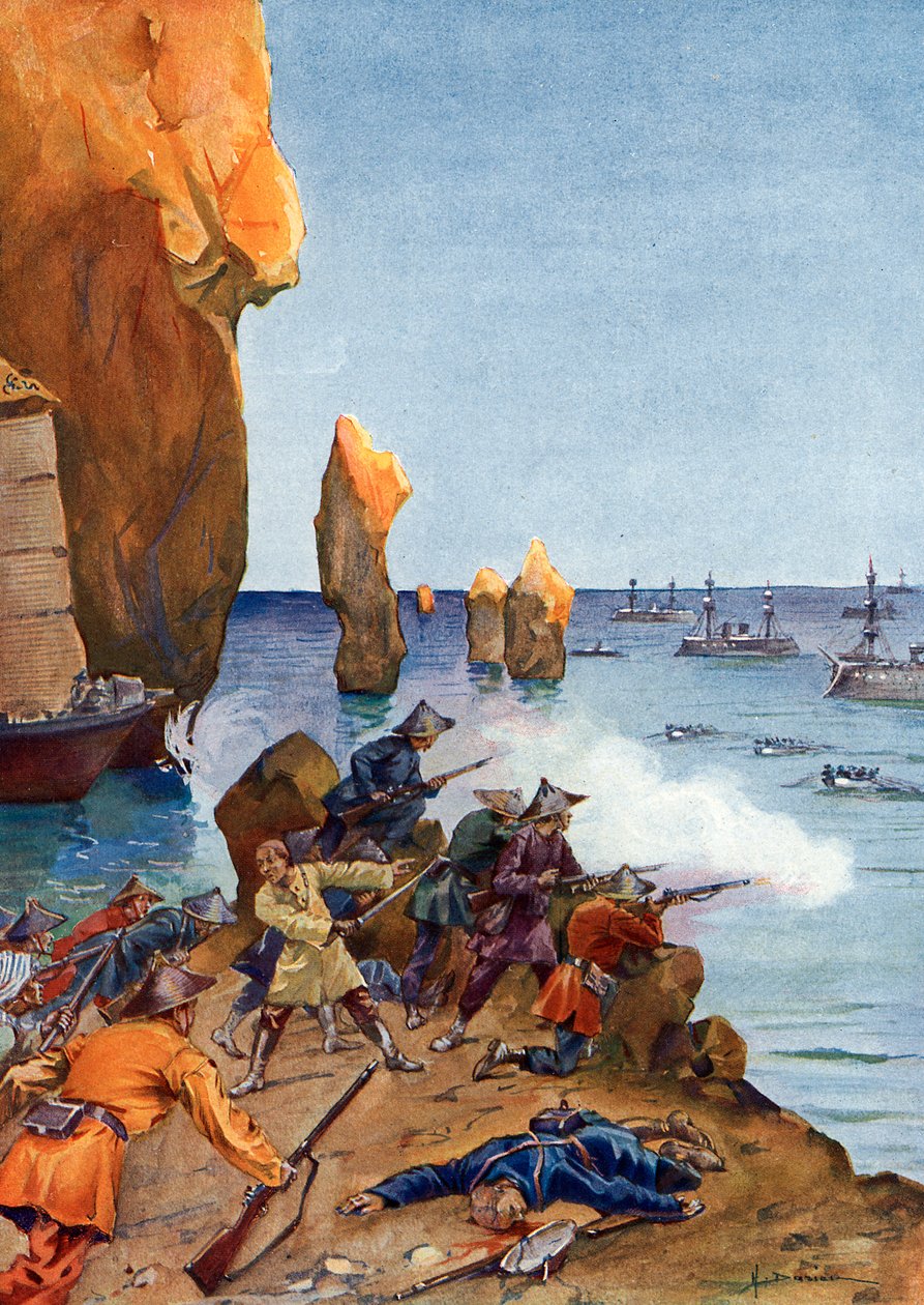 Kolonizace Tonkina: „“ Francouzský admirál Amedee Courbet vedl svou flotilu v Along Bay (Ha Long) v srpnu 1883, Vietnam“ (Tonkinská kampaň: Admirál Amedee Courbet v Along Bay v červenci – srpnu 1883 s výraznými námořními posilami další st od Henri Gaston Darien