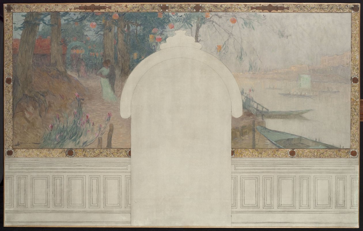 Skica radnice v Asnières: Jaro. Seina v Asnières, kolem roku 1900 (olej na plátně s tuší) od Henri Gaston Darien
