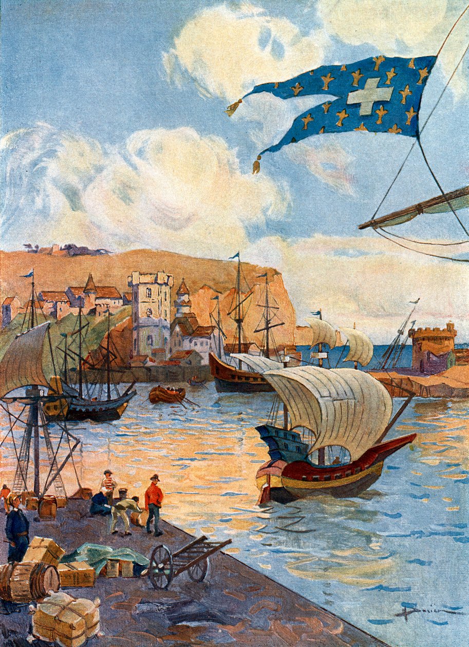 Pohled na město Dieppe v Normandii v době francouzského cestovatele Jeana Cousina, konec 15. století Ilustrace Gastona Henryho Dariena (1864-1926) z „Notre epopee coloniale“ od Pierra Legendra od Henri Gaston Darien