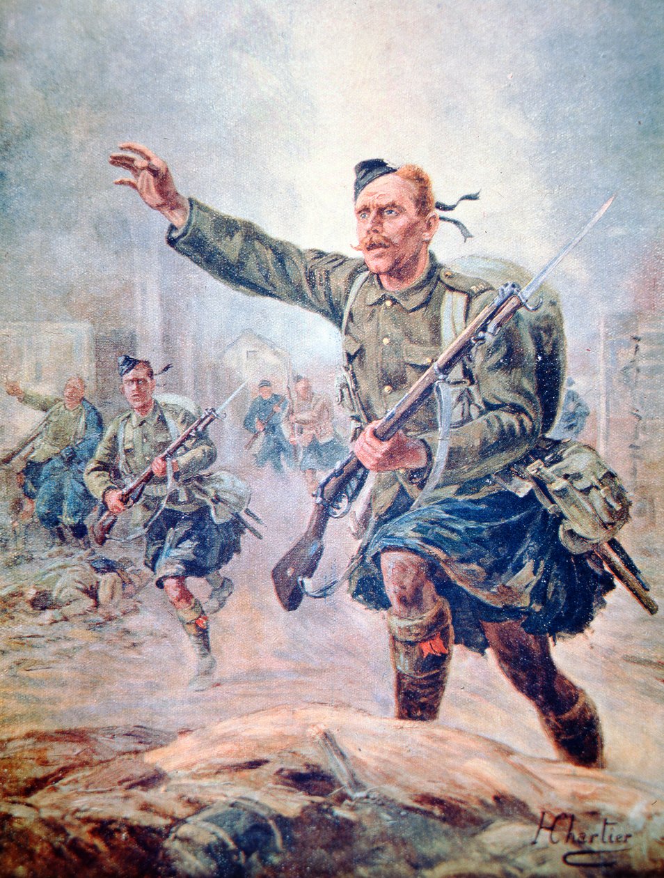 Skotský Highlander v kiltu v bitvě na západní frontě (barva litho) od Henri Georges Jacques (after) Chartier