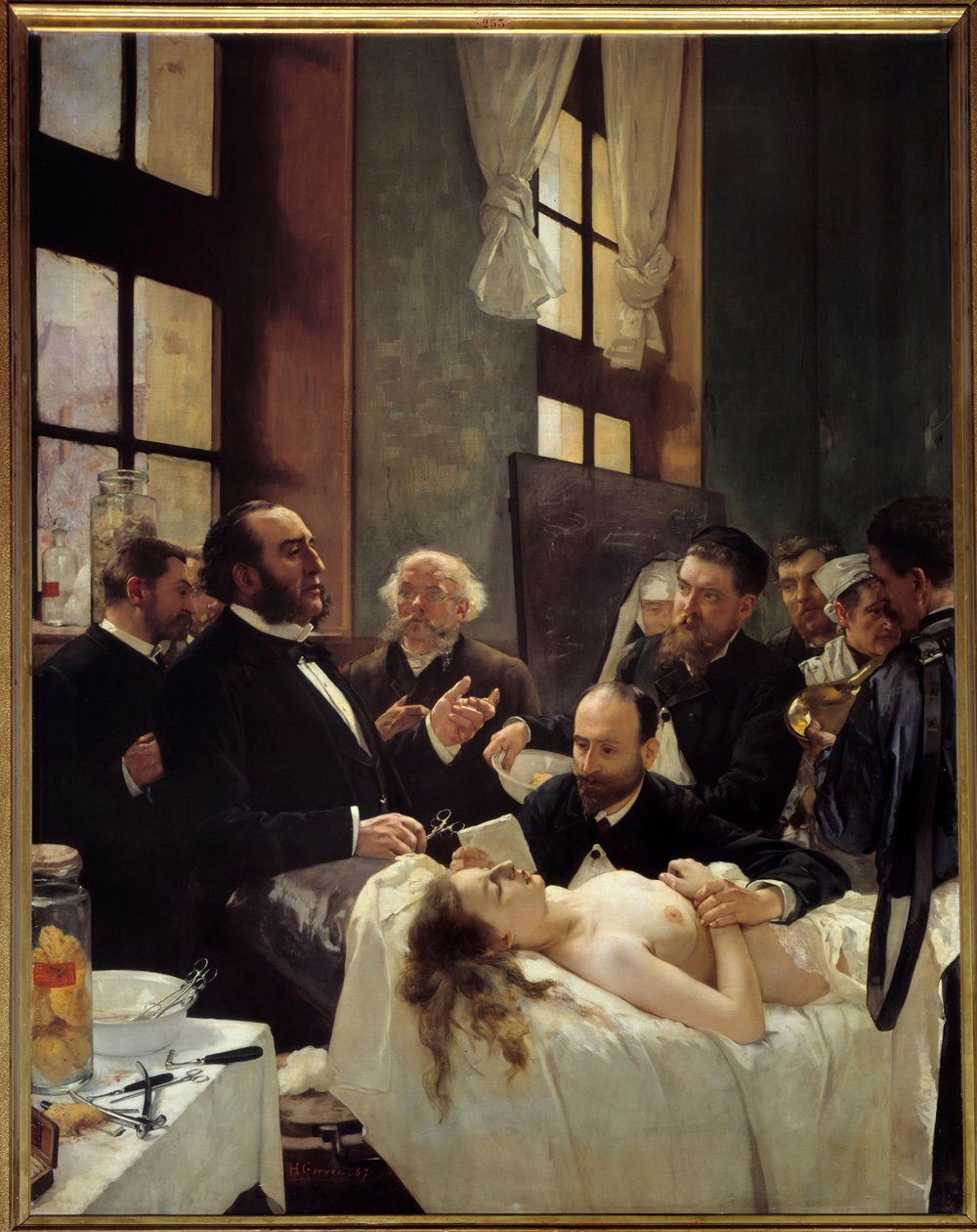 Dr. Jules Emile (Jules-Emile) Pean (1830-1898) vyučující v nemocnici Saint Louis svůj objev skřípnutí lodí aneb „Před operací“ Obraz Henriho Gervexe (1852-1929) 1887 Sun. 2,42x1,88 m Paříž, musee d