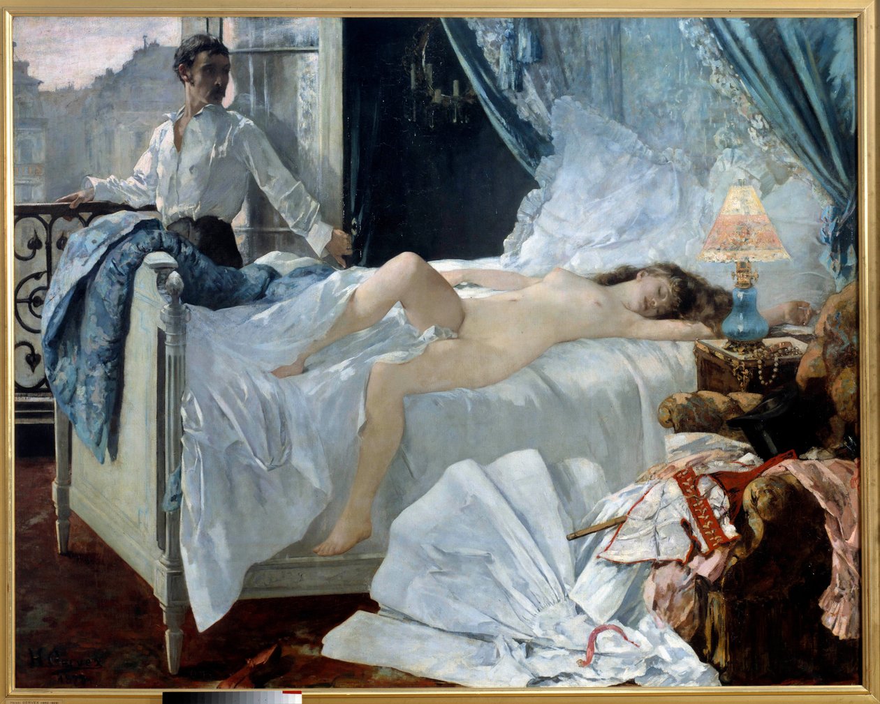 Rolla. Pár v ložnici, žena spí nahá a muž se na ni dívá z okna. Obraz Henriho Gervexe (1852 - 1929). 1878. Rozm. 1,75 x 2,20 m Musee des Beaux Arts de Bordeaux - Rolla. Pár v ložnici, žena spí a nic od Henri Gervex