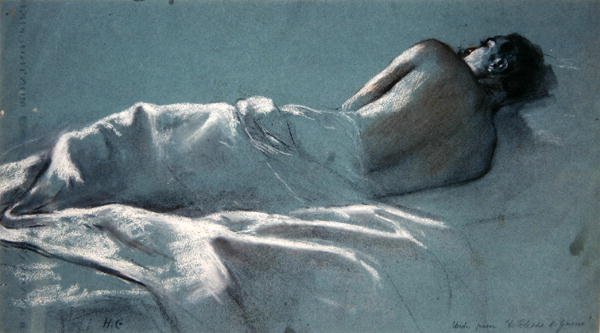 Studium pro Le Blesse de Guerre (uhlí s červenou a bílou křídou na modrém papíře) od Henri Gervex