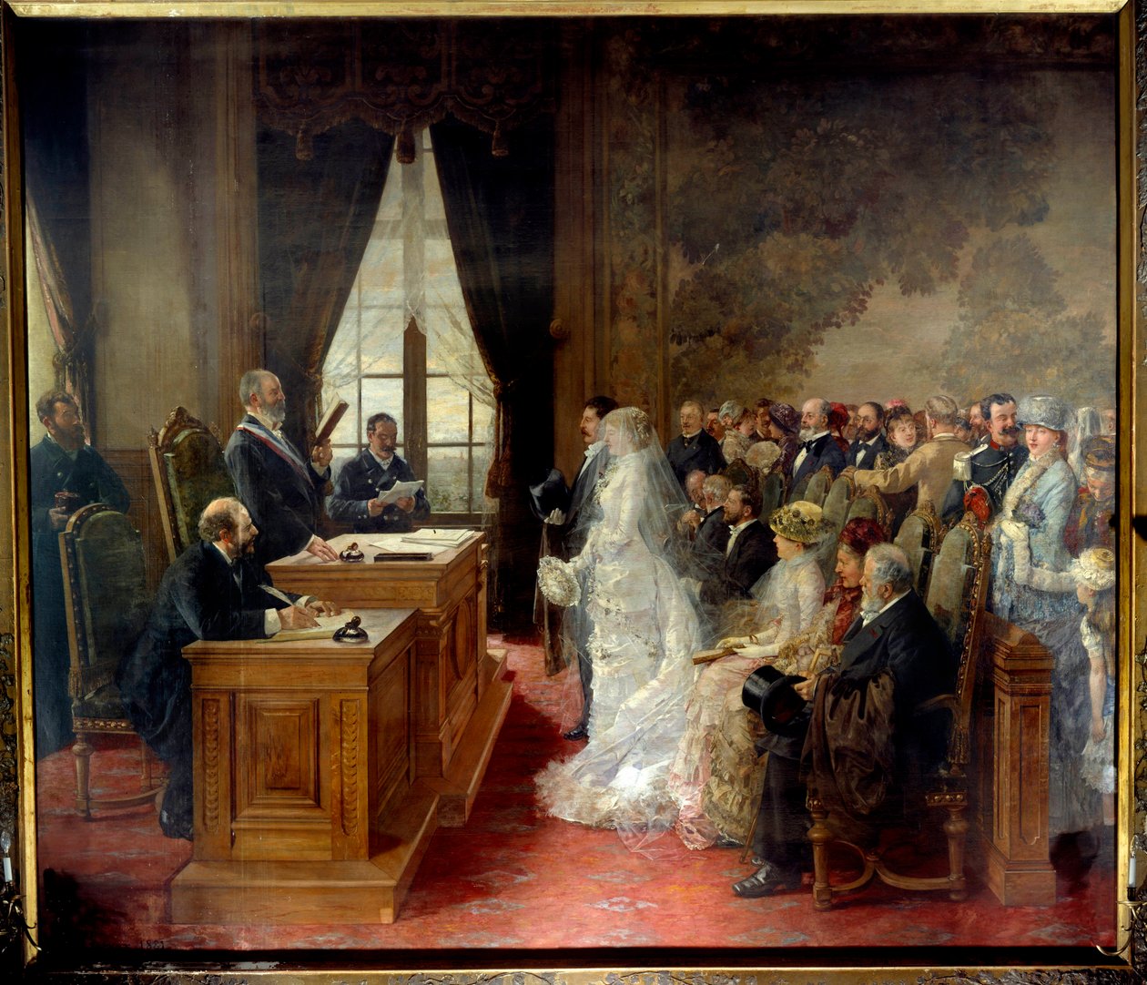 Civilní sňatek Mathurina Moreaua se konal na pařížské radnici v roce 1881. Obraz Henri Gervex (1852-1929) od Henri Gervex