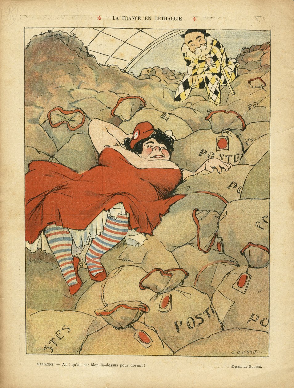 Ilustrace Henri Gousse (1872-1914) v Le Rire, 03.04.09 - La France en letargie - Sociální, Greve, Courrier La Poste Postal - Clemenceau George, Marianne od Henri Gousse