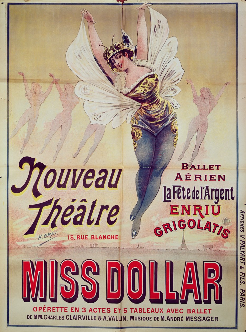Plakát propagující balet Aerien La Fete de lArgent a operetu Miss Dollar produkovaný v Nouveau Theatre, rue Blanche, Paříž, 1893 od Henri Gray