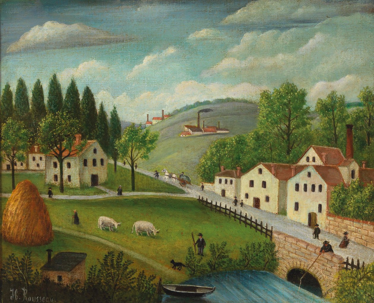 Pastýřská krajina s potokem, rybářem a kočárky, c. 1875-80 (olej na plátně) od Henri J.F. Rousseau