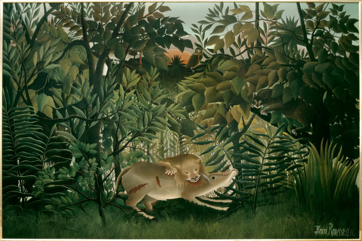 Hladový lev. Obraz Henriho Rousseaua dit Le Douanier Rousseau (1844-1910), 20. století. Olej na plátně. Rozměr: 2,00 x 3,00 m. Bale, Muzeum výtvarných umění od Henri J.F. Rousseau