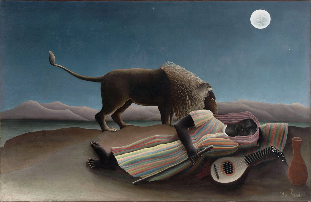 "Spící cikán"" Obraz Henryho Rousseaua známého jako Douanier Rousseau (1844-1910) 1897 Rozměr. 129,5 x 200,7 cm New York, Muzeum moderního umění od Henri J.F. Rousseau