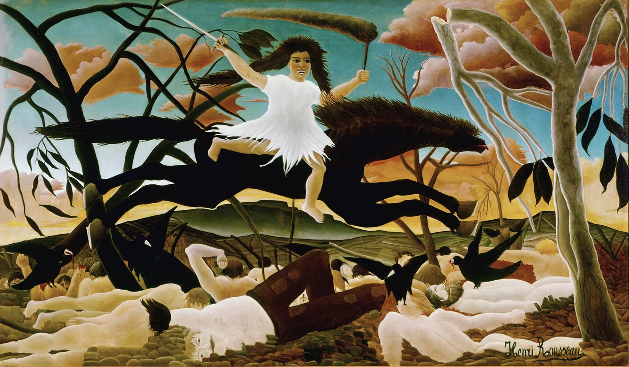 Obraz Válka nebo jízda nesvornosti od Henriho Rousseaua dit le Douanier Rousseau (1844-1910). 1894. Slunce 114x195 Paříž, Musee d