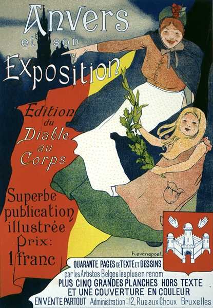 Reprodukce plakátu propagujícího ilustrovanou publikaci z antverpské expozice (barevné lito) od Henri Jacques Edouard Evenepoel