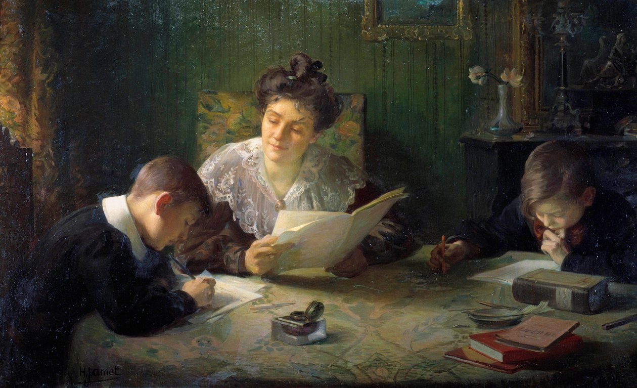 Domácí úkoly Matka pomáhá dětem dělat domácí úkoly. Obraz Henriho Jameta (1858-1940) Orleans 20. století, Musee des Beaux Arts od Henri Jamet