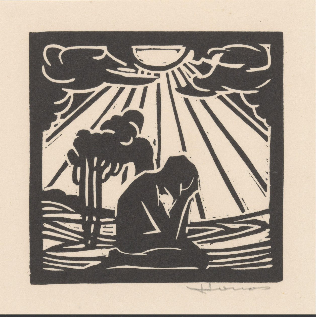 Klečící postava v krajině se stromy od Henri Jonas (signed by artist)