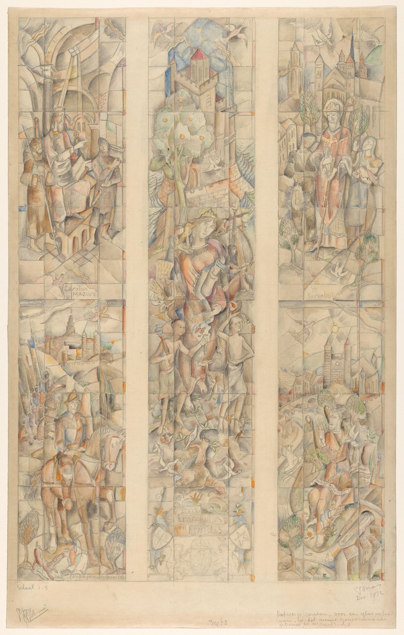 Designový karton pro okno z barevného skla v nové vládní budově v Maastrichtu (původní název na objektu) od Henri Jonas (signed by artist)